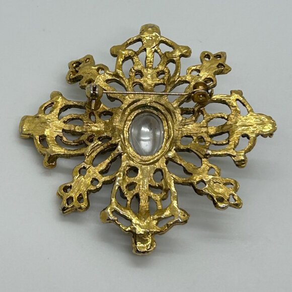 Vintage Gold-tonePearl Brooch Pin Filigree Cross Victorian Revival Statement - Picture 9 of 16